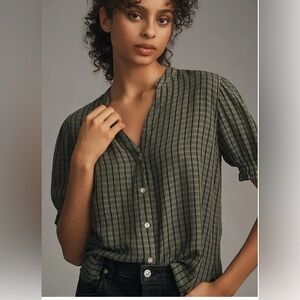 Anthropologie Cloth and Stone Puff Sleeve Plaid Blouse Size Large